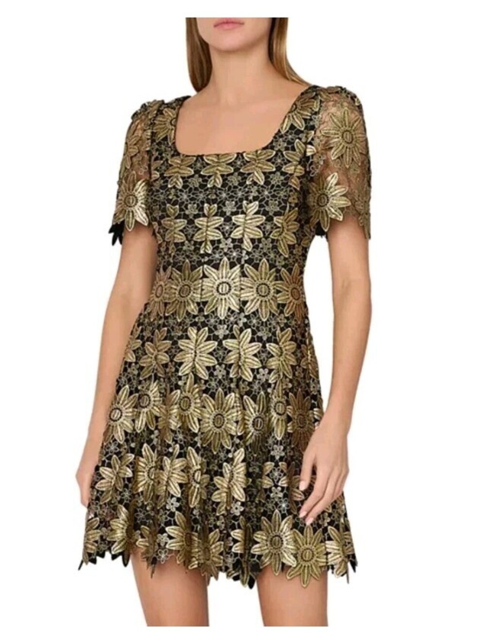 NWT MILLY Ilisa Lace Godet Mini Dress Size 4 Black Gold Scalloped Edge